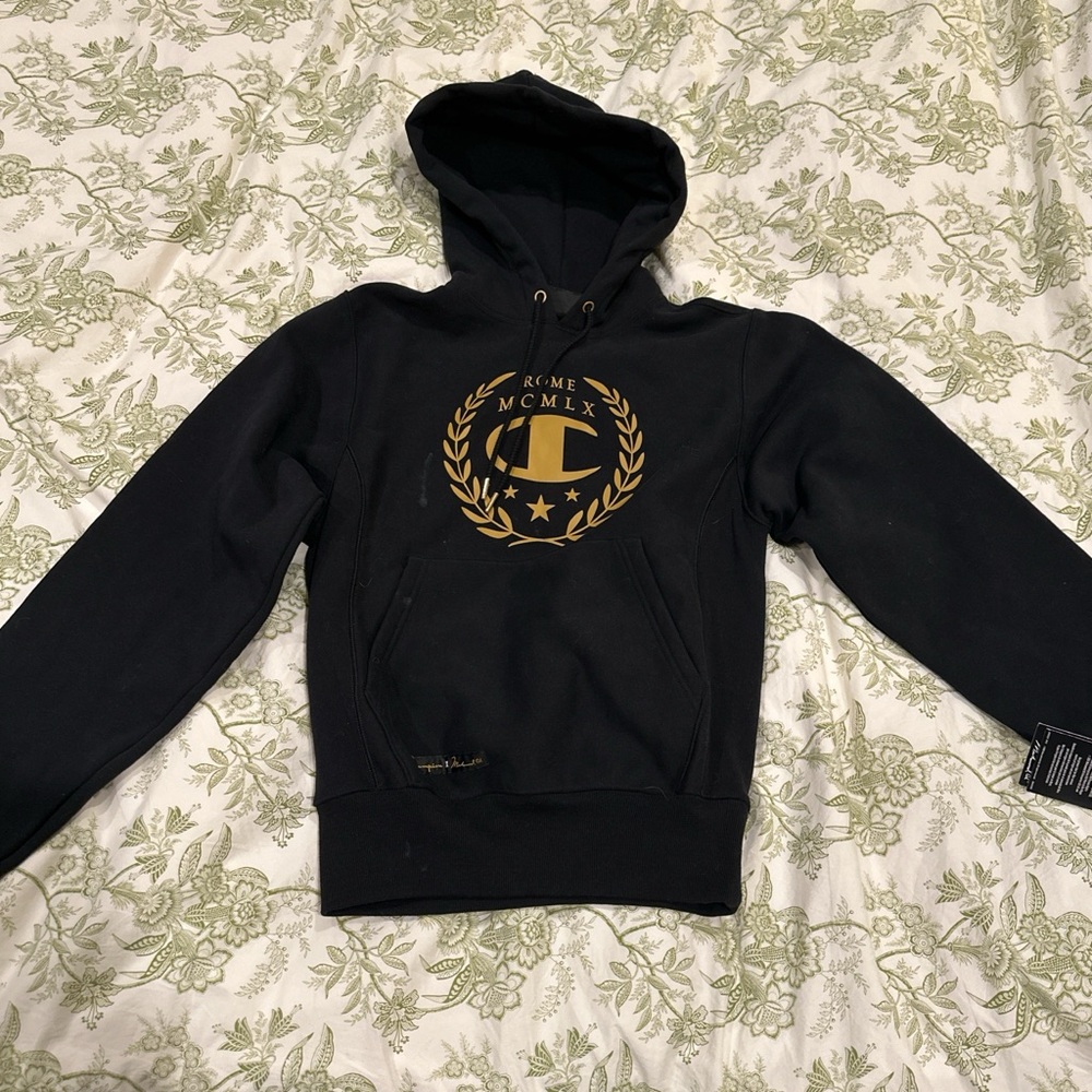 Champion Black Hoodie with Gold Emblem